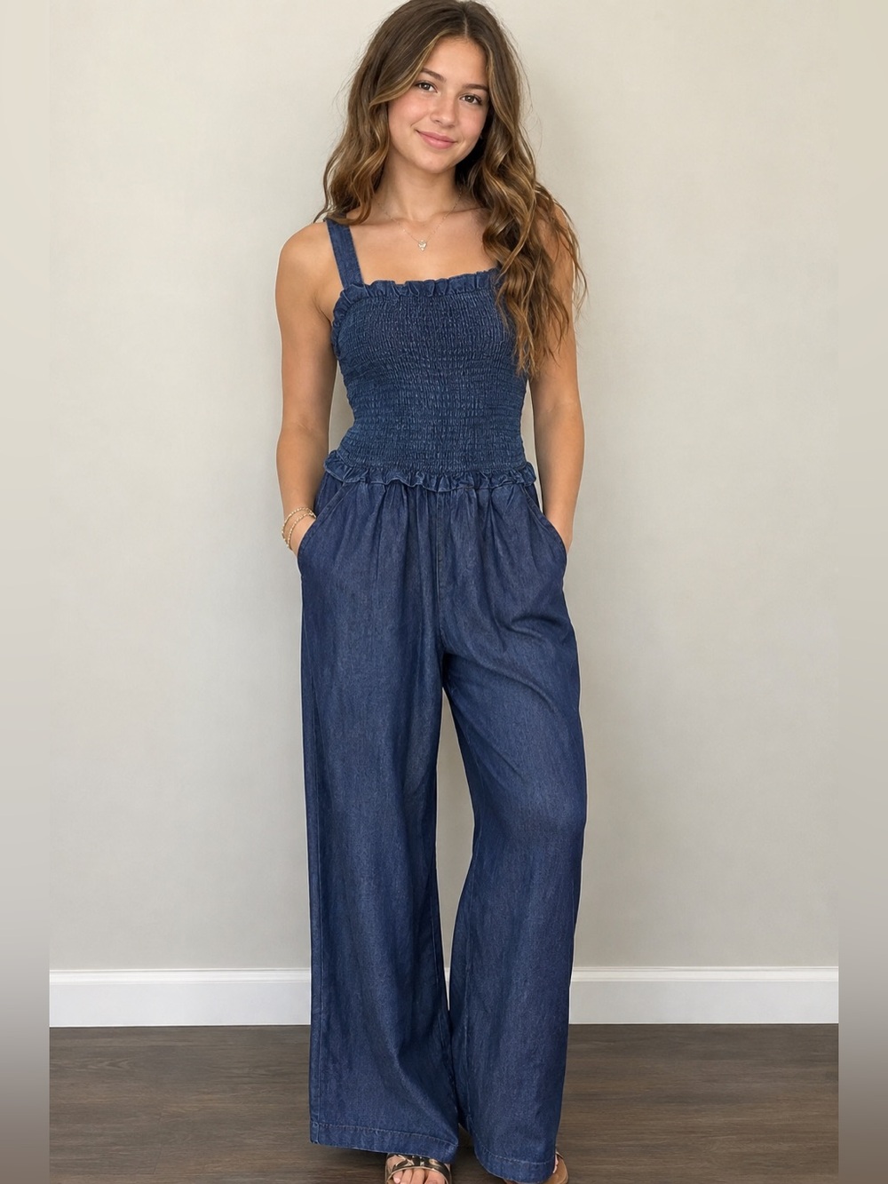 BEBE Denim Jumpsuit with Heart Accent - Blue